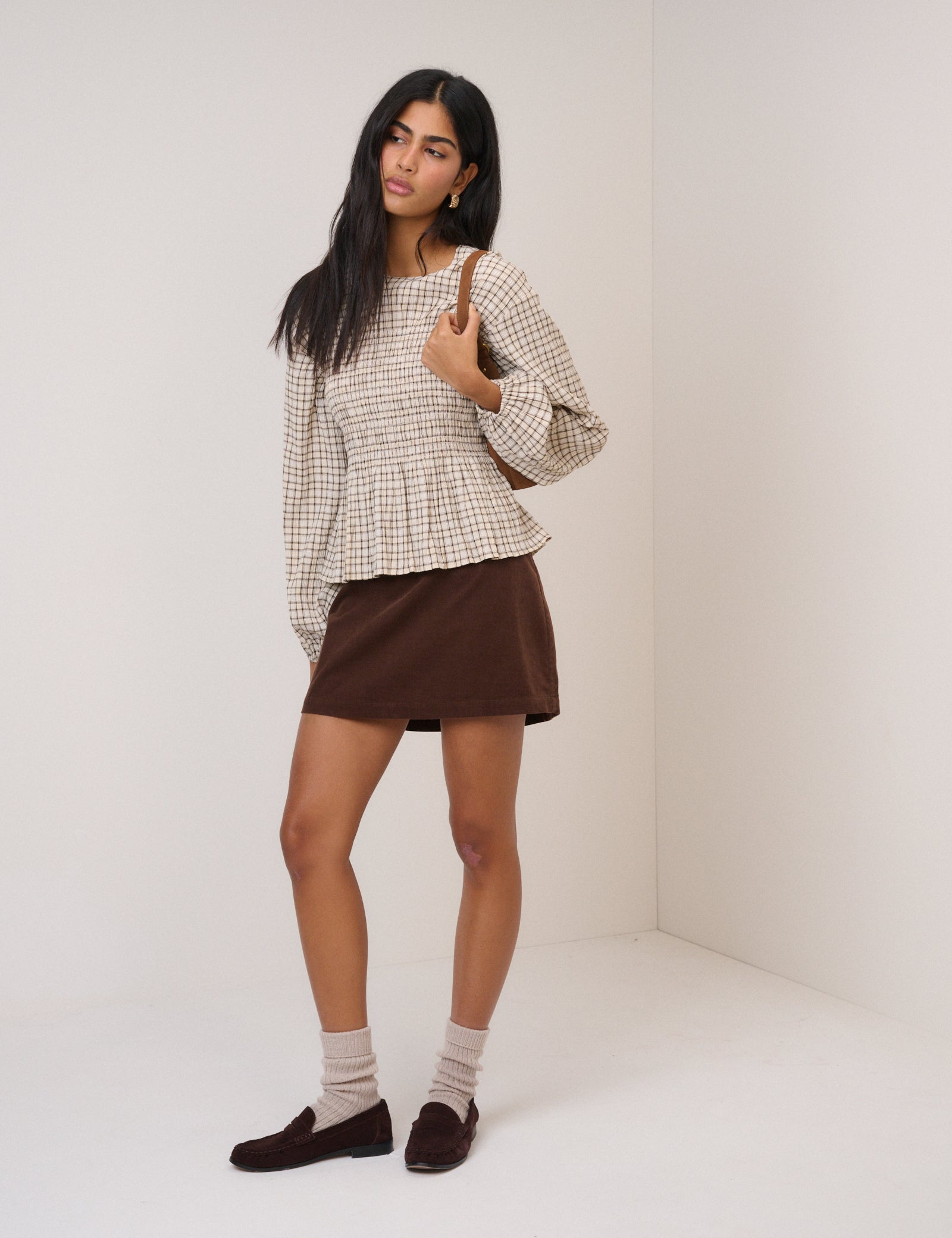 Brown Cord Button Front Long Sleeve Blouse | Nobody's Child